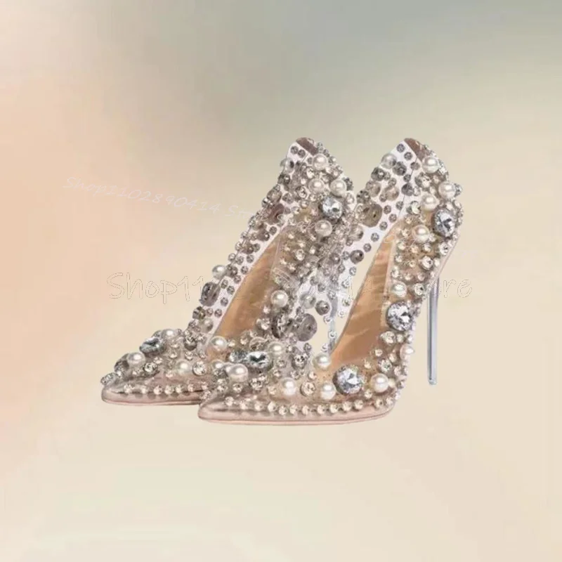 Perle Strass Dekor PVC spitzen Zehen Pumps Slip auf Frauen Schuhe dünne High Heels Mode Party Bankett Zapatos Para Mujere