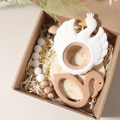 4pcs swan teether Baby bibs Gift Set With flamingo Teething Pacifier Chain Rattle New Born Baby