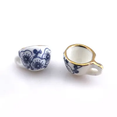 50pcs/lot Blue Printed Antique Chinese Style Teacup Pendants Ceramic Charms For DIY