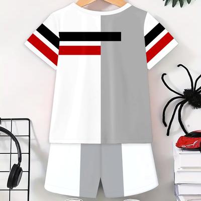 TEMU Boys' Casual Polyester Short Sleeve Set, Striped Element, Knit Fabric, Regular Fit, Mixed , Suitable For Weekend Leisure, Spring/summer - Under 12 Years Old, Outdoor Wear, Outdoor Image