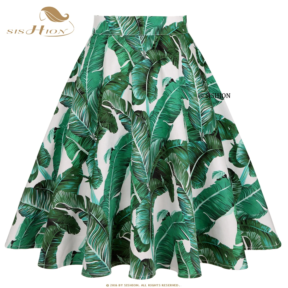 SISHION Baumwolle Floral Bedruckter Retro Swing Vintage Rock VD0020 Rokken Punk Sommer Damen Schwarz Weiß und Grün Röcke