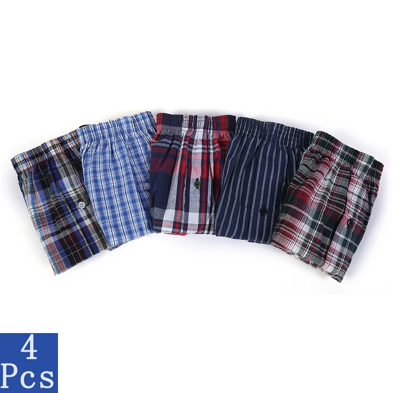 4 Teile/los Männer 100 % Baumwolle Schlaf Unterhose Unterwäsche Boxer Shorts Casual Plaid Bequeme Homewear Gestreiften Strand Höschen Image