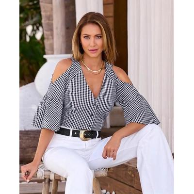 Boston Proper - Black/White Gingham - Cold Shoulder Print Button Up Top - Medium