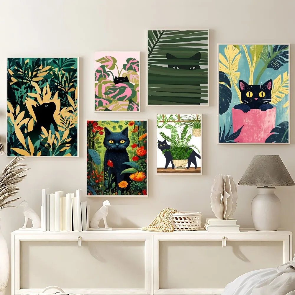 Abstrakte grüne Pflanzen, schwarze Katze, buntes Poster, HD-Kunst, klebrige Wand, wasserdicht, für Zuhause, Wohnzimmer, Schlafzimmer, Bar, ästhetische Dekoration Image