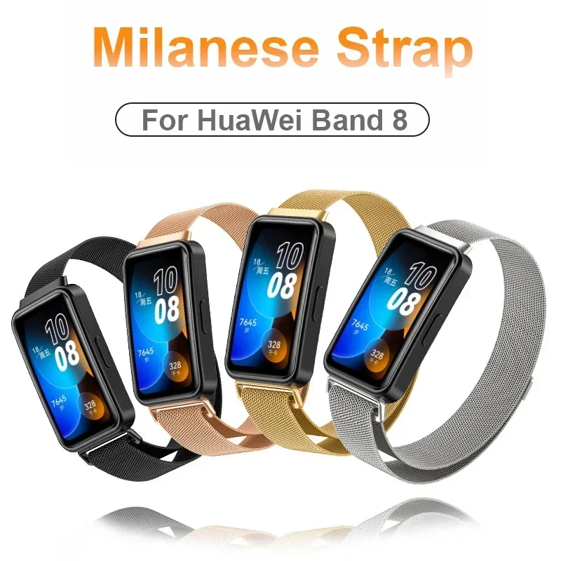 Metallarmband für Huawei Band 8 9, Armband mit TPU-Gehäuse, Displayschutzfolie, weicher Film, Ersatz, Milanaise-Magnetschlaufe Image