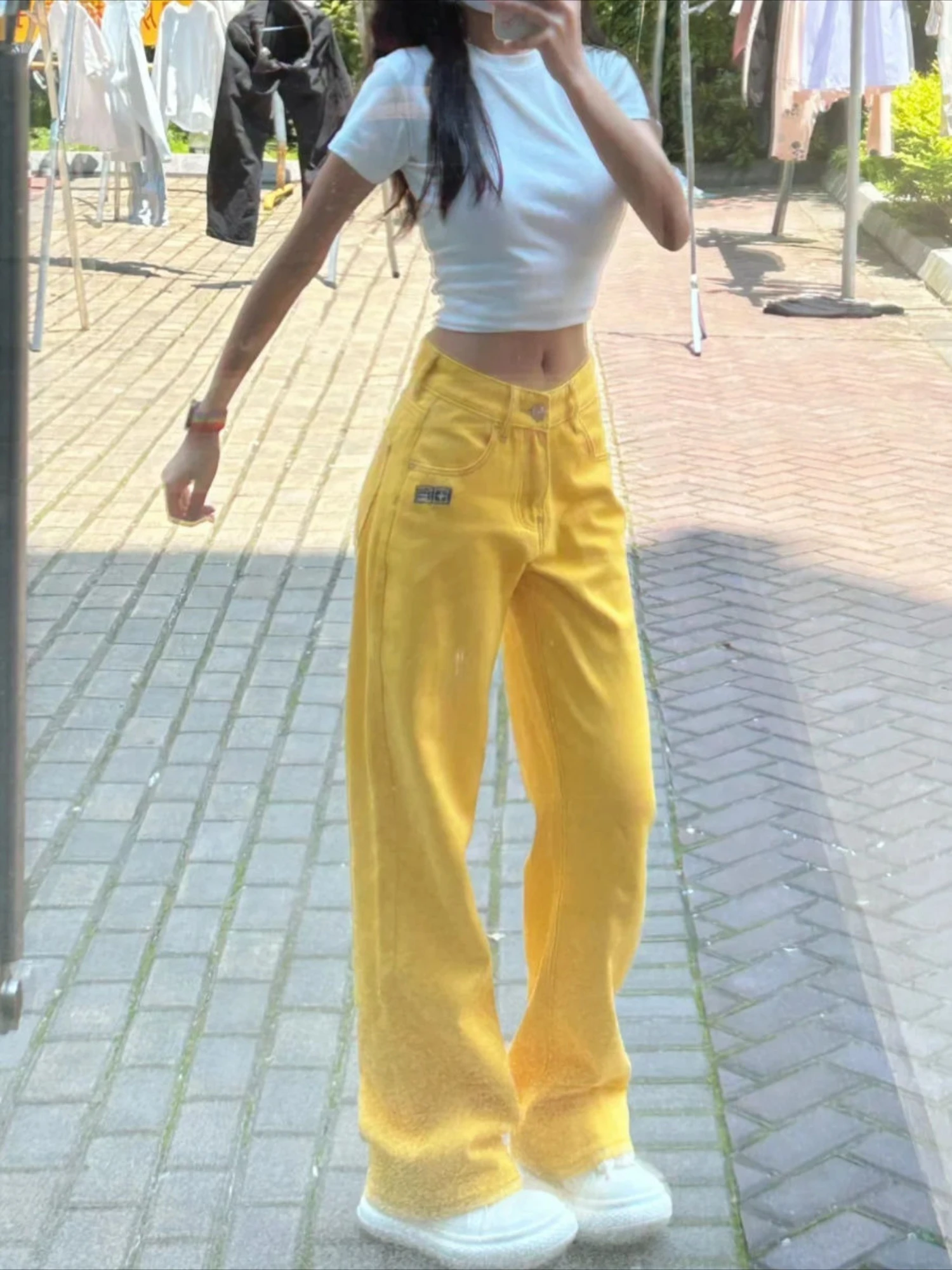 Cowboy-Hose für Damen, gerades Bein, Damen-Jeans, hohe Taille, Shot-Cargohose, gelb bestickt, Vintage-Harajuku-Mode, R A