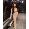 2025 Frauen Promi Sexy Langarm Quadrat Kragen Sparkly Pailletten Kaffee Maxi Langes Kleid Elegante