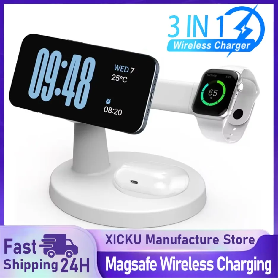 3-in-1 magnetischer kabelloser Ladeständer für Magsafe iPhone 16 15 14 13 Pro Max Apple Watch 9 8 AirPods Pro Schnellladestation Image