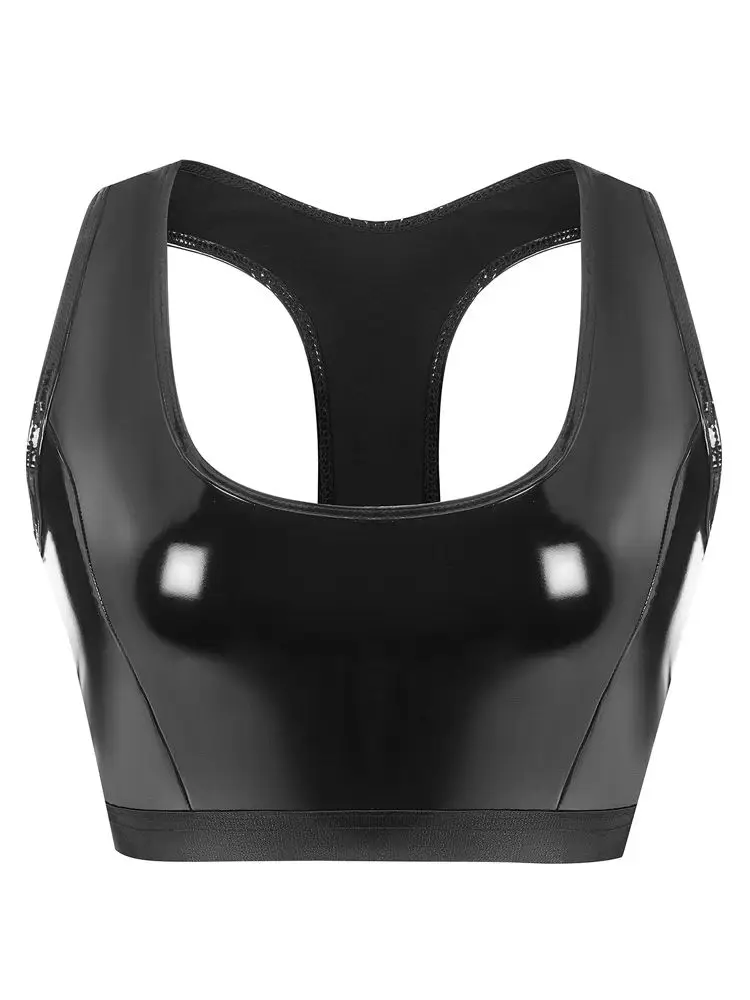 S-3XL Wet Look PVC Tank Bustier Crop Tops Glänzende PU-Lederweste Camis Strumpfhosen Sexy Gym Athletic Croptop Copped Ärmelloses Shirt