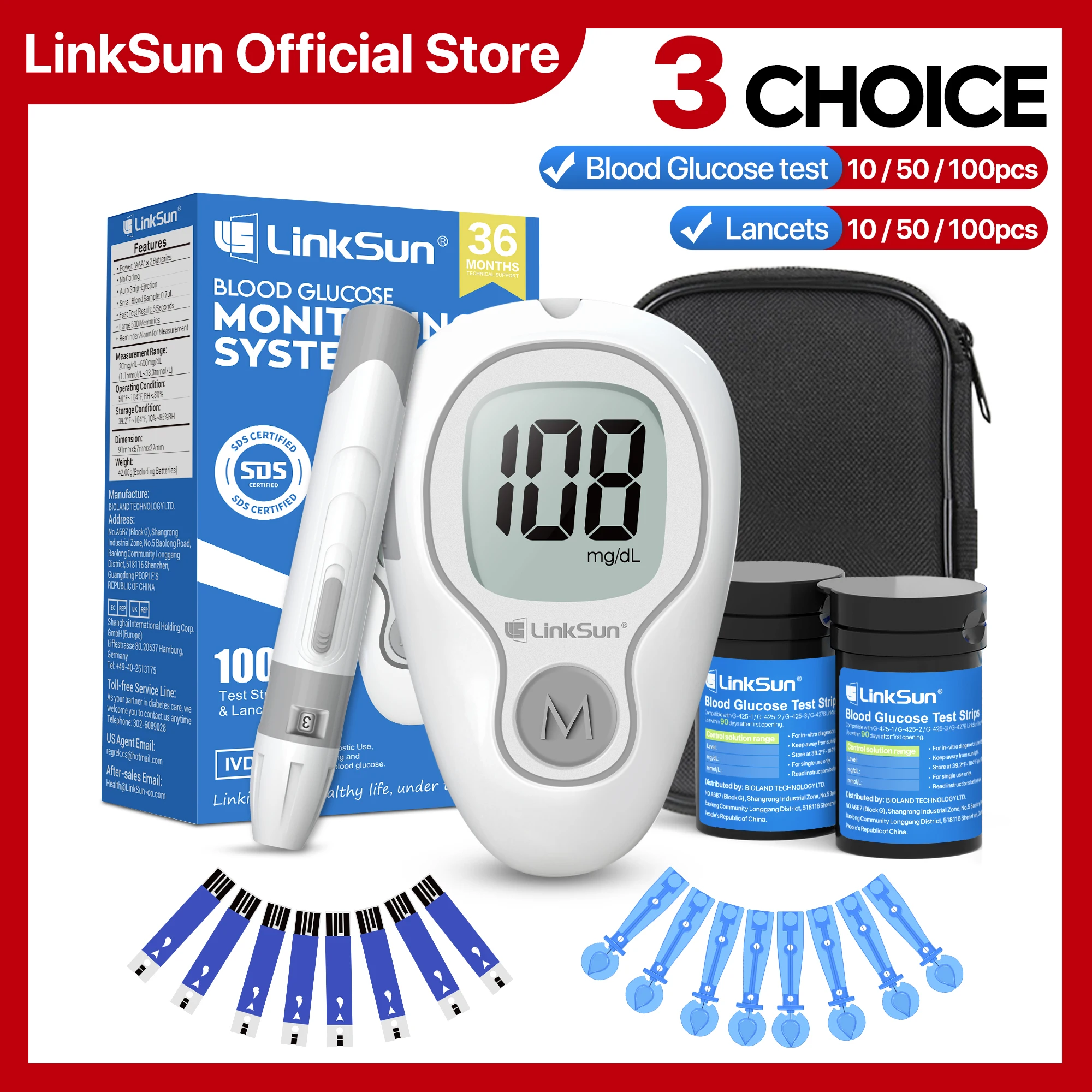 LinkSun Blutzuckermessgerät G-425-3 Glucosemeter Kit 10/50/100 Stück Streifen Kein Code für Diabetes Tester Medizinischer Blutzuckermonitor Image