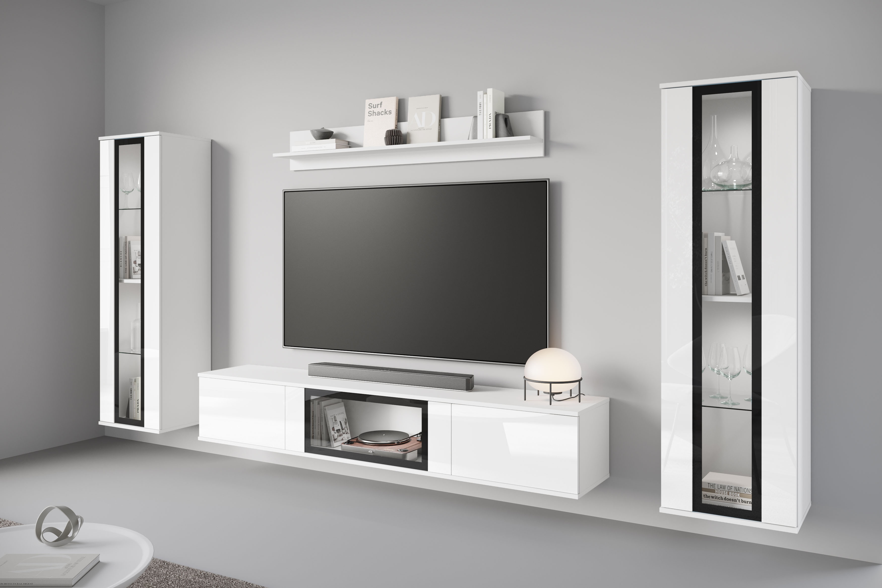 Wohnwand INOSIGN "Caro, stehend und hängend montierbar", weiß (weiß, weiß hochglanz), B:262cm H:142cm T:33cm, Holzwerkstoff, Kastenmöbel-Sets, grifflose Design, höhenverstellbare Einlegeböden