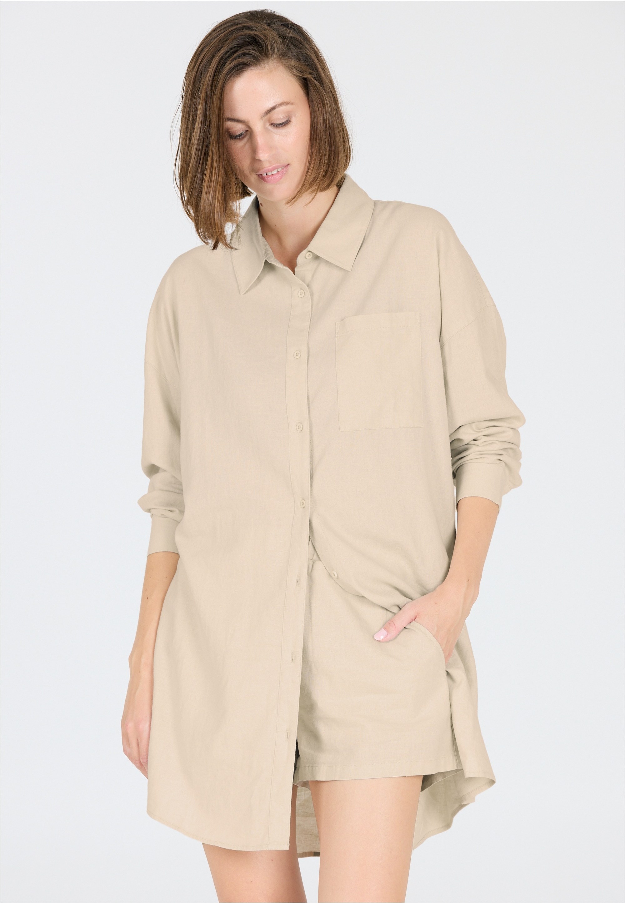 Jerseykleid ATHLECIA "Resort", Damen, Gr. 42, EURO-Größen, beige (hellbeige), 55% Leinen, 45% Viskose, unifarben, lang, ohne Ausschnitt, Kleider Jerseykleid, im eleganten und atmungsaktiven Design