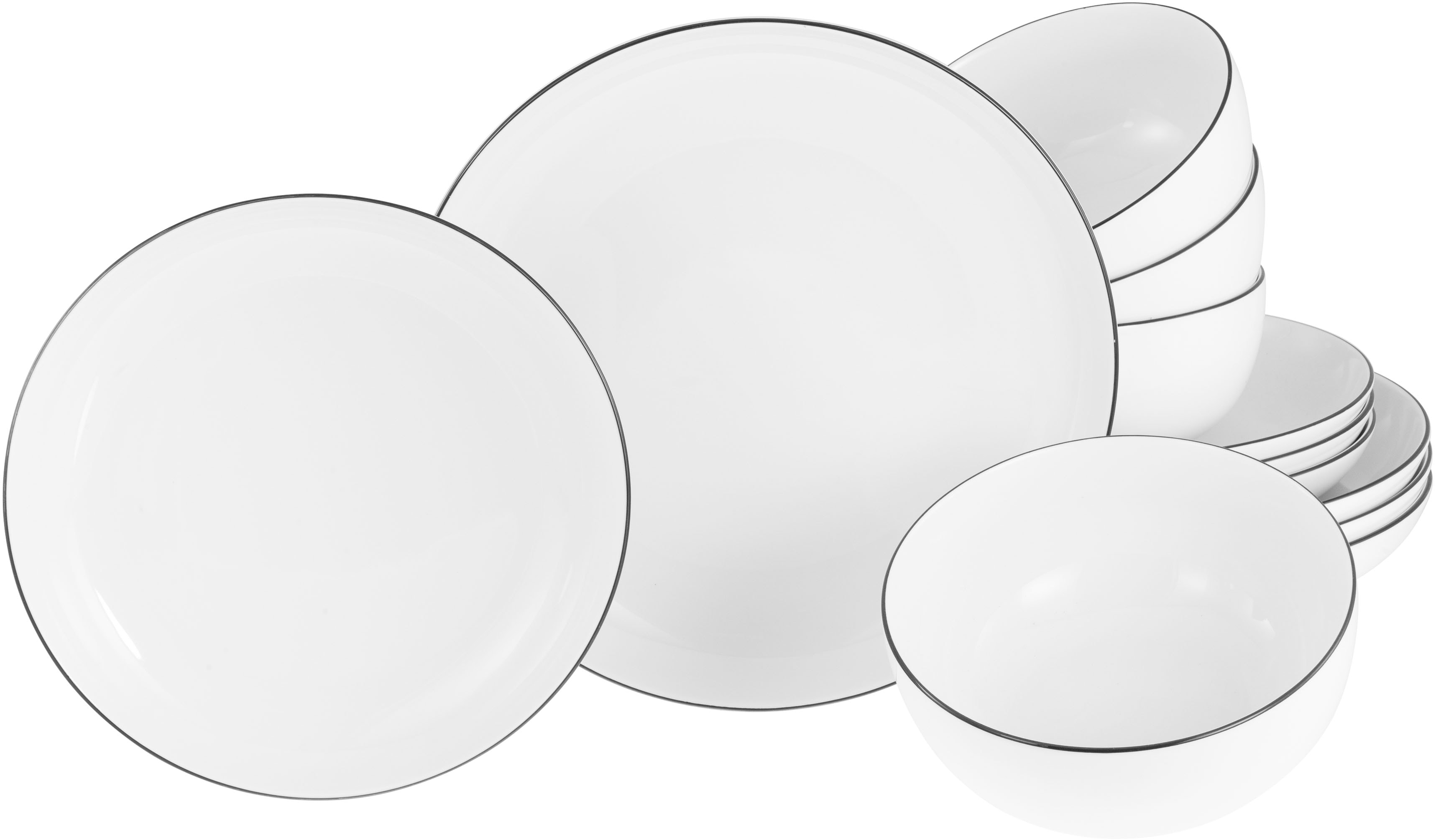 Teller-Set CREATABLE "Allround Black Line, Tellerset 12-tlg", schwarz-weiß (weiß, schwarz), 12 Stk., Porzellan, Geschirr-Sets, Daily Use, Zeitlos
