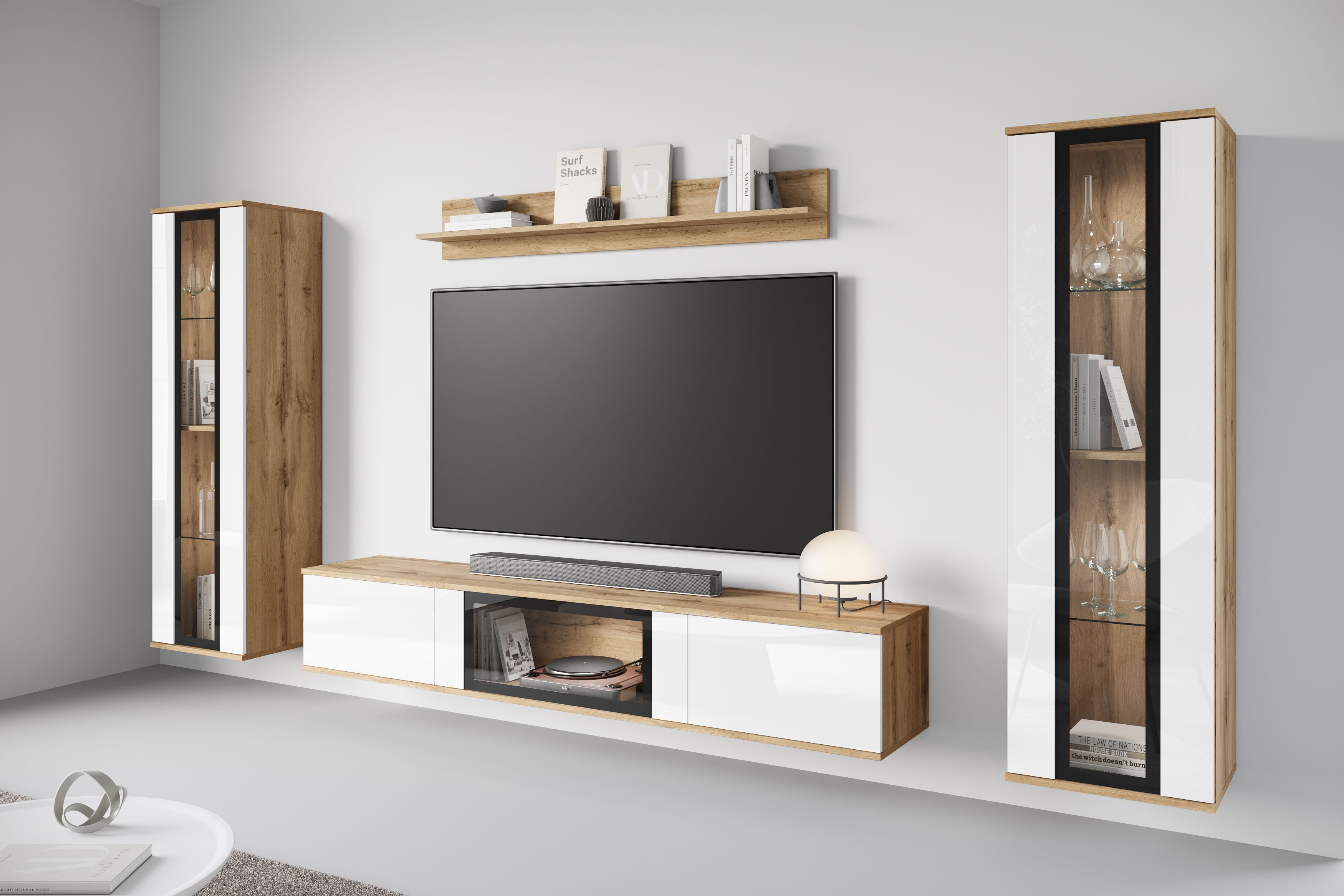 Wohnwand INOSIGN "Caro, stehend und hängend montierbar", braun (eichefarben votan, weiß hochglanz), B:262cm H:142cm T:33cm, Holzwerkstoff, Kastenmöbel-Sets, grifflose Design, höhenverstellbare Einlegeböden