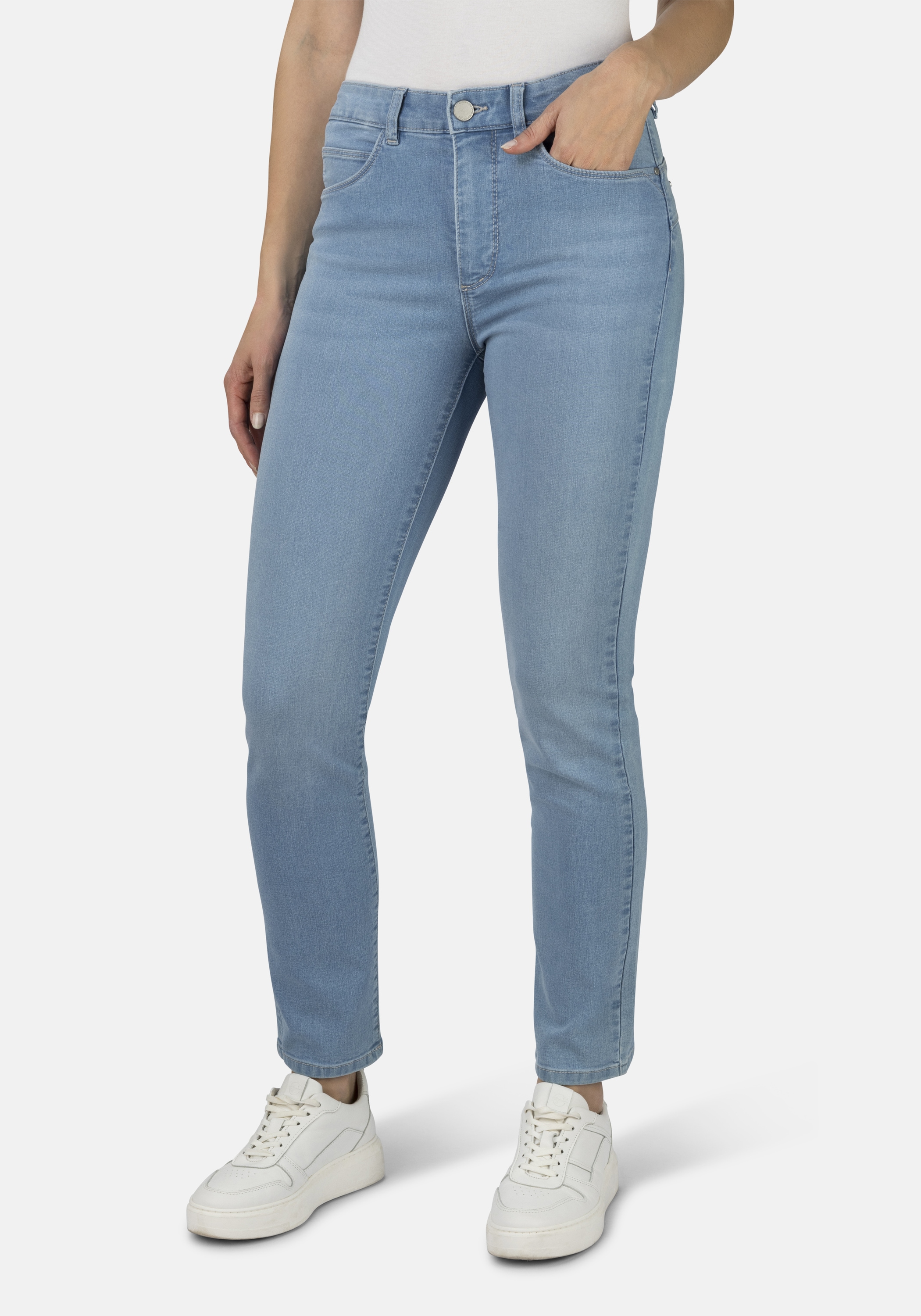 5-Pocket-Jeans STOOKER WOMEN "Milano Denim Magic Shape Fit", Damen, Gr. 38, Länge 28, blau (bleached denim), Denim/Jeans, 83% Baumwolle, 16% recycled Polyester, 1% Elasthan, schmal lang, Jeans 5-Pocket-Jeans, Casual Clean Wash Denim Jeans Magic...