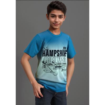 T-Shirt DELMAO "Farbverlaufshirt", Jungen, Gr. 152/158, blau (türkis), Single Jersey, Obermaterial: 100% Baumwolle, bedruckt, Batikmuster, Basic, Rundhals, Kurzarm, Shirts, Batik-Optik, jedes Shirt fällt einzigartig aus Image
