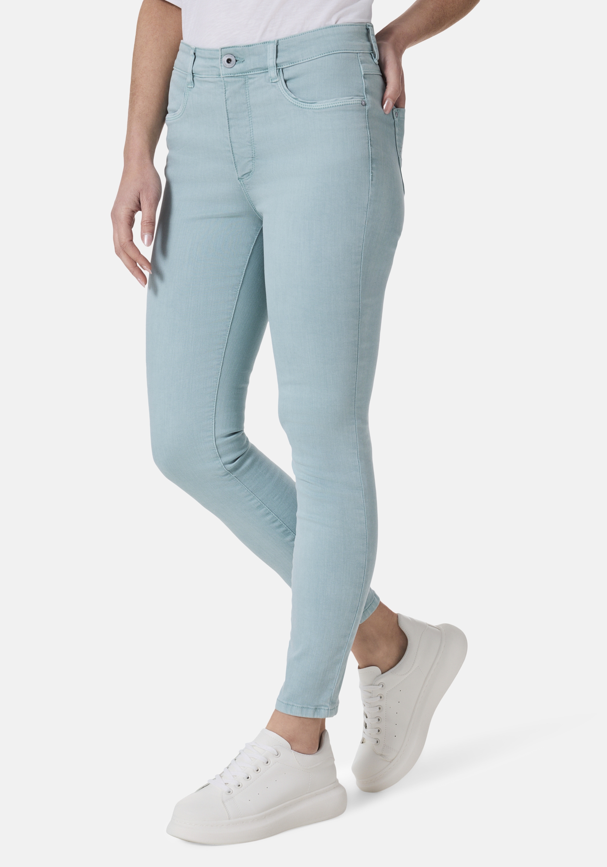 5-Pocket-Jeans STOOKER WOMEN "Rio Fexxi Move Strass Skinny Fit", Damen, Gr. 40, Länge 28, blau (blau aqua), Denim/Jeans, 83% Baumwolle, 16% recycled Polyester, 1% Elasthan, skinny fit lang, Jeans 5-Pocket-Jeans, Skinny Fit Casual Clean Wash Denim...
