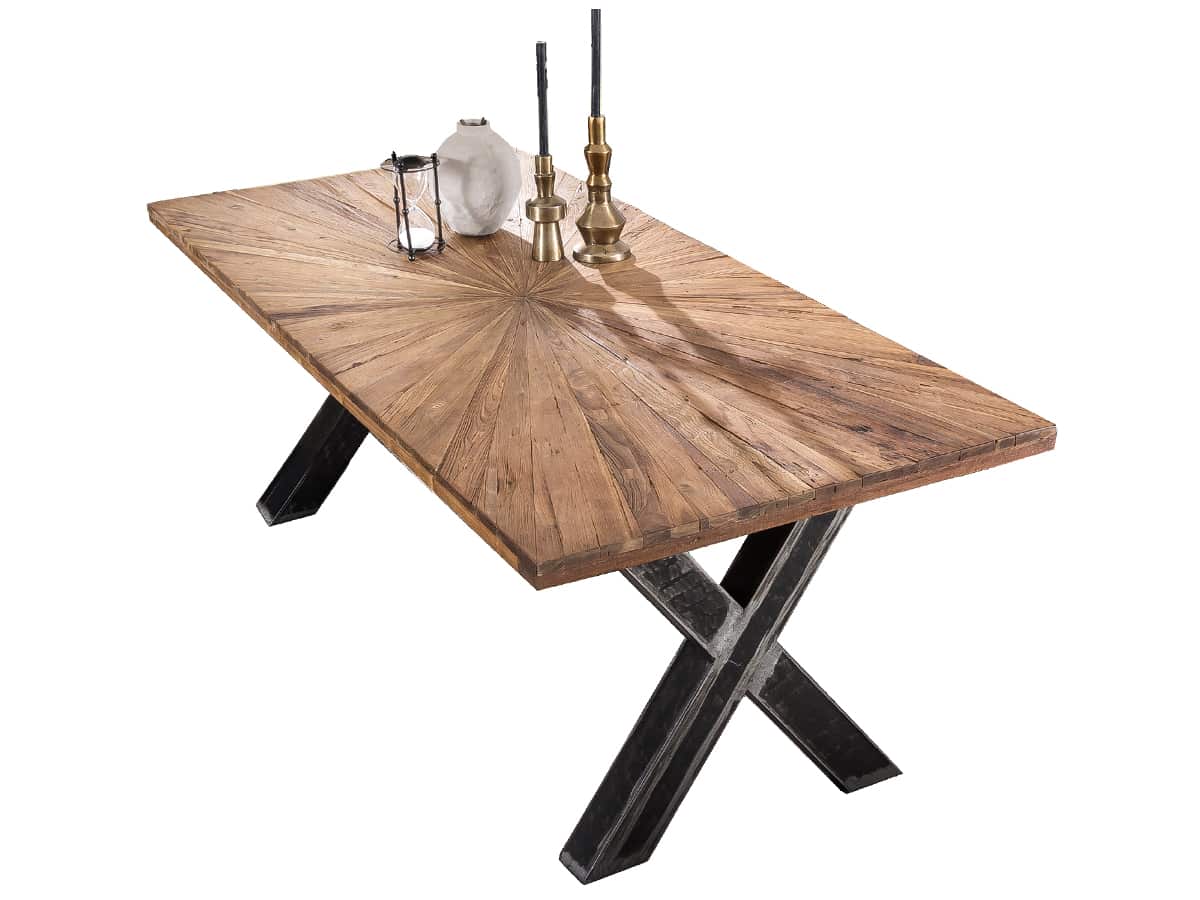 MiaMöbel Esstisch 'Vanaja' 180x100 cm, Teak/Used-Look Massivholz, Metall Teak Modern