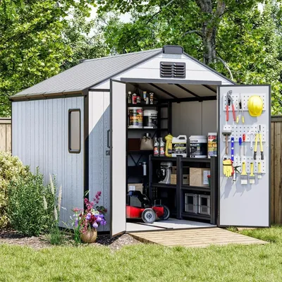 8 x 8 FT Resin Outdoor Storage Shed, All-Weather Plastic Garden Shed with Floor, Lockable Doors &