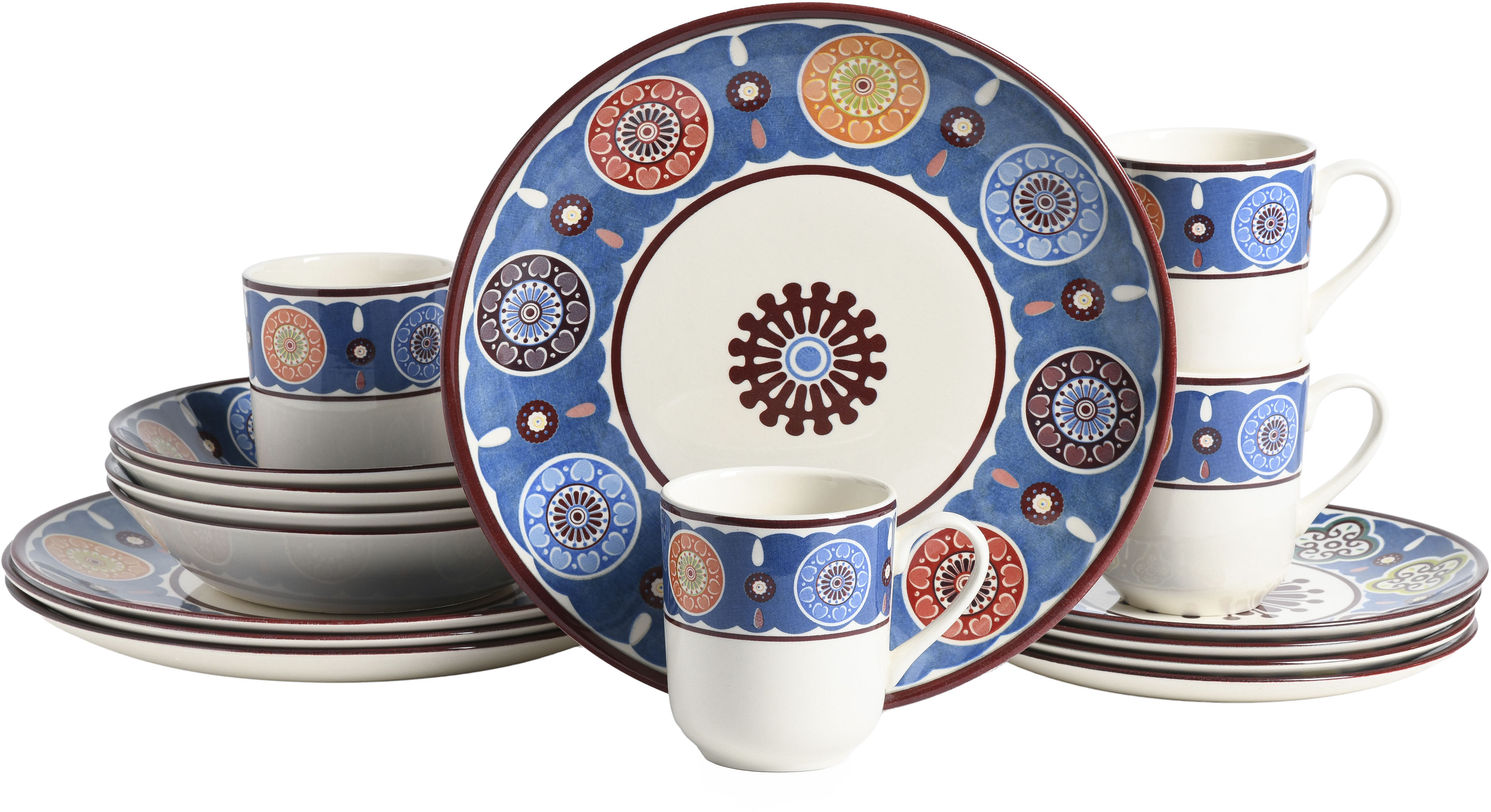 Kombiservice CREATABLE "Sumaya, Kombi-Service 16-tlg", blau (blau, bunt), 16 Stk., Steingut, Geschirr-Sets, Kombiservice, Mandala Motive