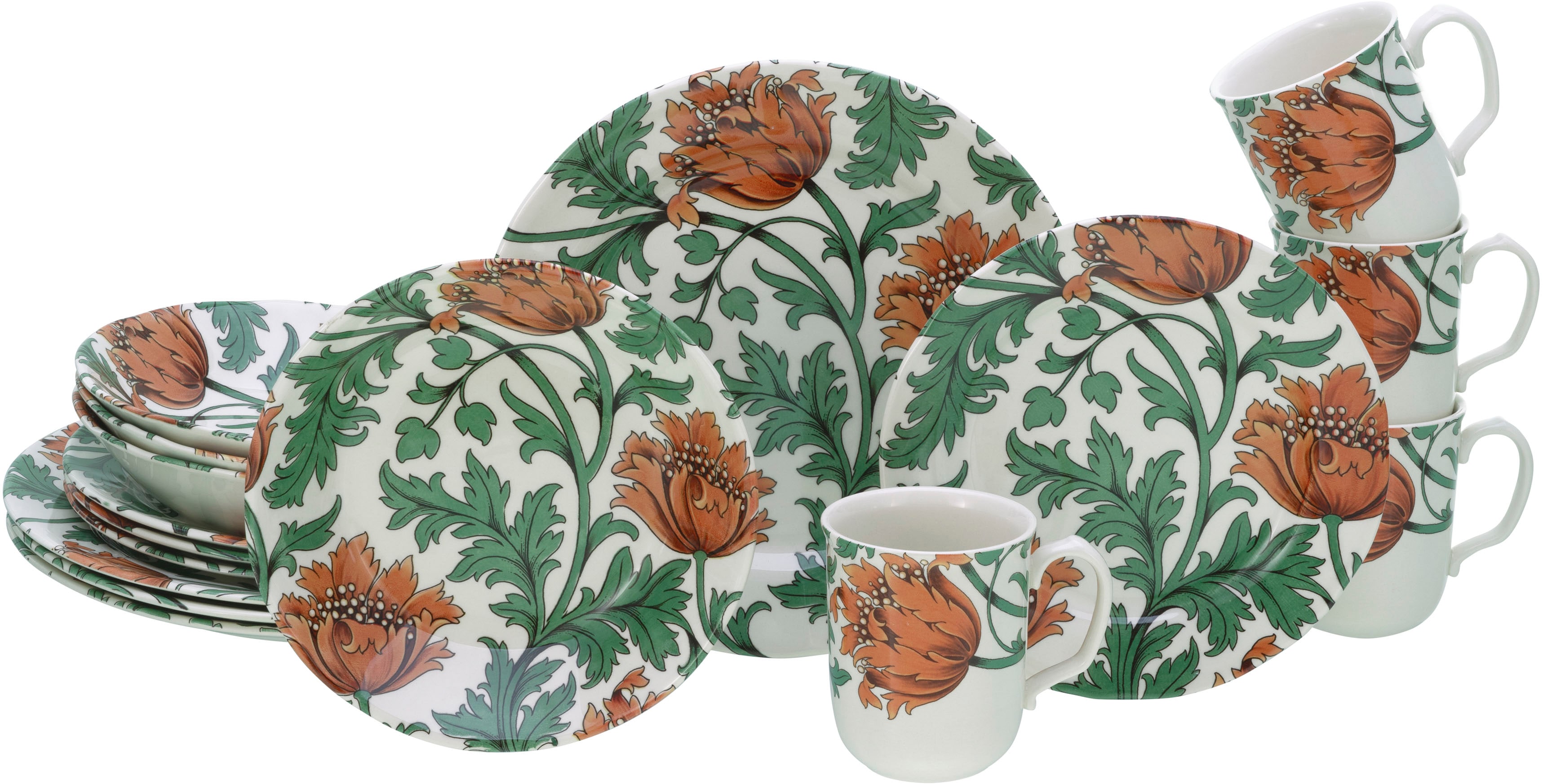 Kombiservice CREATABLE "Florentina, Kombi-Service 16-tlg", grün, 16 Stk., Steingut, Geschirr-Sets, Kombiservice, Blumendekor