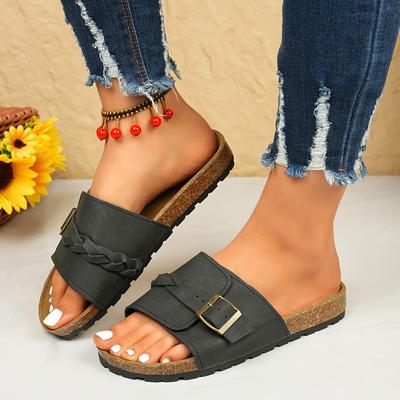 TEMU Women's Slip-on Open-toe Sandals - Pu Cover Flat Heel With Adjustable Straps, Comfortable Casual & Formal For Weddings, Parties, Casual Attire, Strappy Sandals Image
