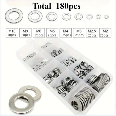 TEMU 180-580pcs 304 Stainless Steel Flat Washers For Screws Bolts, Fender Washers Assortment Set, Assorted Hardware Lock Metal Washers Kit, 9 Sizes-m2 M2.5 M3 M4 M5 M6 M8 M10 M12, For Home, Image