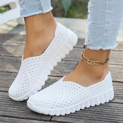 TEMU Women' White Slip-on Sneakers With Round Toe - Rubber Sole, Synthetic Upper, Comfortable Flat Shoes For Casual Attire, Casual Footwear | Round Toe Sneakers | Slipon Design Image
