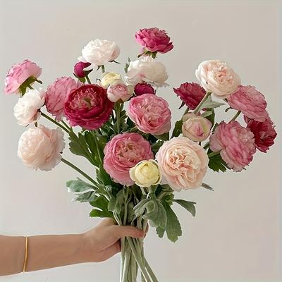 TEMU 4pcs; High- Austin Rose Bouquet With Stems; Simulation Flower Display Three-headed Flocked Living Room Table Flower Arrangement Ornaments [no Pot Image
