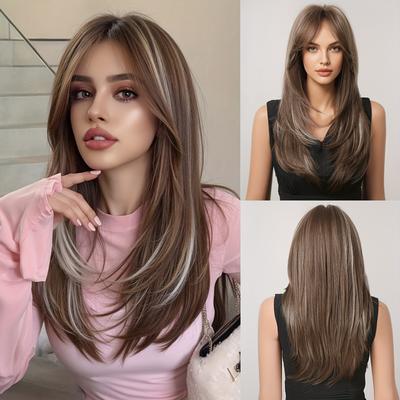 TEMU Elegant 24 Inches Long Straight Brown Layered Wigs With Bangs And White Highlight Synthetic Wigs For Women Daily Use Image