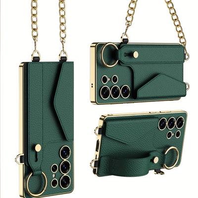 TEMU Electroplated Leather Diagonal Strap With Hanging Rope Wristband Card Holder Suitable For S24ultra Mobile Phone Case Galaxys25ultra High-end Image