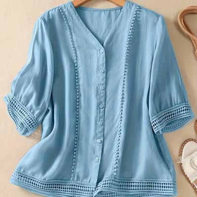 TEMU Women's Middle Eastern-inspired Loose Fit Lace Trim Open Collar Blouse - Button-front Top With 3/4 Sleeves, Machine Washable Casual Shirt For All Image