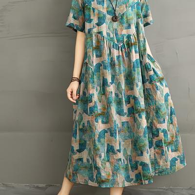 TEMU Spring-summer New Retro Linen Print Round Neck Short Sleeve Loose Fit Spliced Maxi Dress For Women Image
