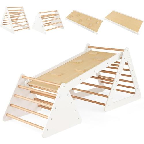 COSTWAY 3 en 1 Triangle d'escalade Enfants avec Rampe, 2 Échelle d'escalade Triangle en Bois pour