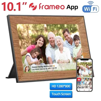Frameo Smart Digital Photo Frame WiFi 10.1Inch Wooden Frame HD IPS Touch Screen Digital Picture