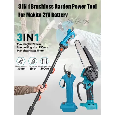 3 IN 1 Brushless Garden Power Tool For Makita 21V Battery Telescoping Pole 6inch Electric Chainsaw & 3cm Pruning Shears NoBattey