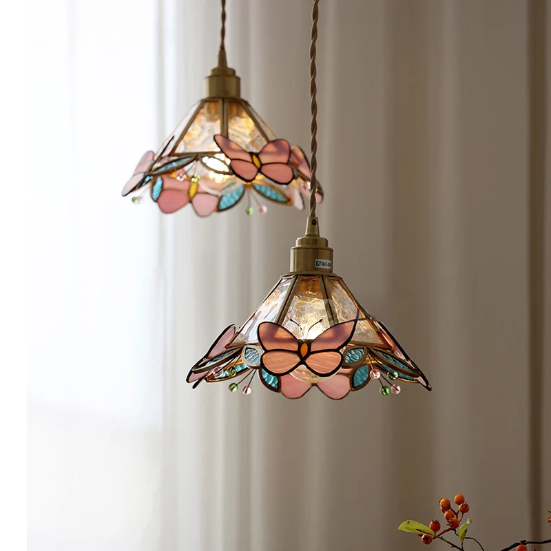Schmetterling Glas Kupfer moderne LED Pendel leuchte neben Innen dekor Schlafzimmer Bar Restaurant Wohnzimmer Licht hängen Kronleuchter Messing Glas Kronleuchter Kreative Dekoration Restaurant Kaffee