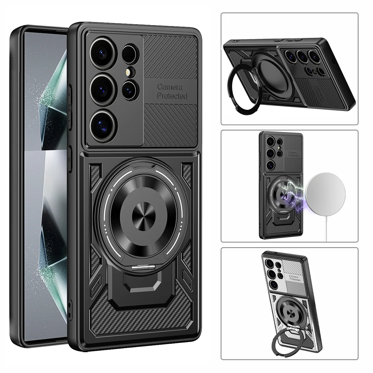 360 Grad drehbare, magnetische Halterung, gepanzerte Handyhülle für Samsung Galaxy S25 Edge S24 S23 Plus, extrem langlebige Schutzhülle Image