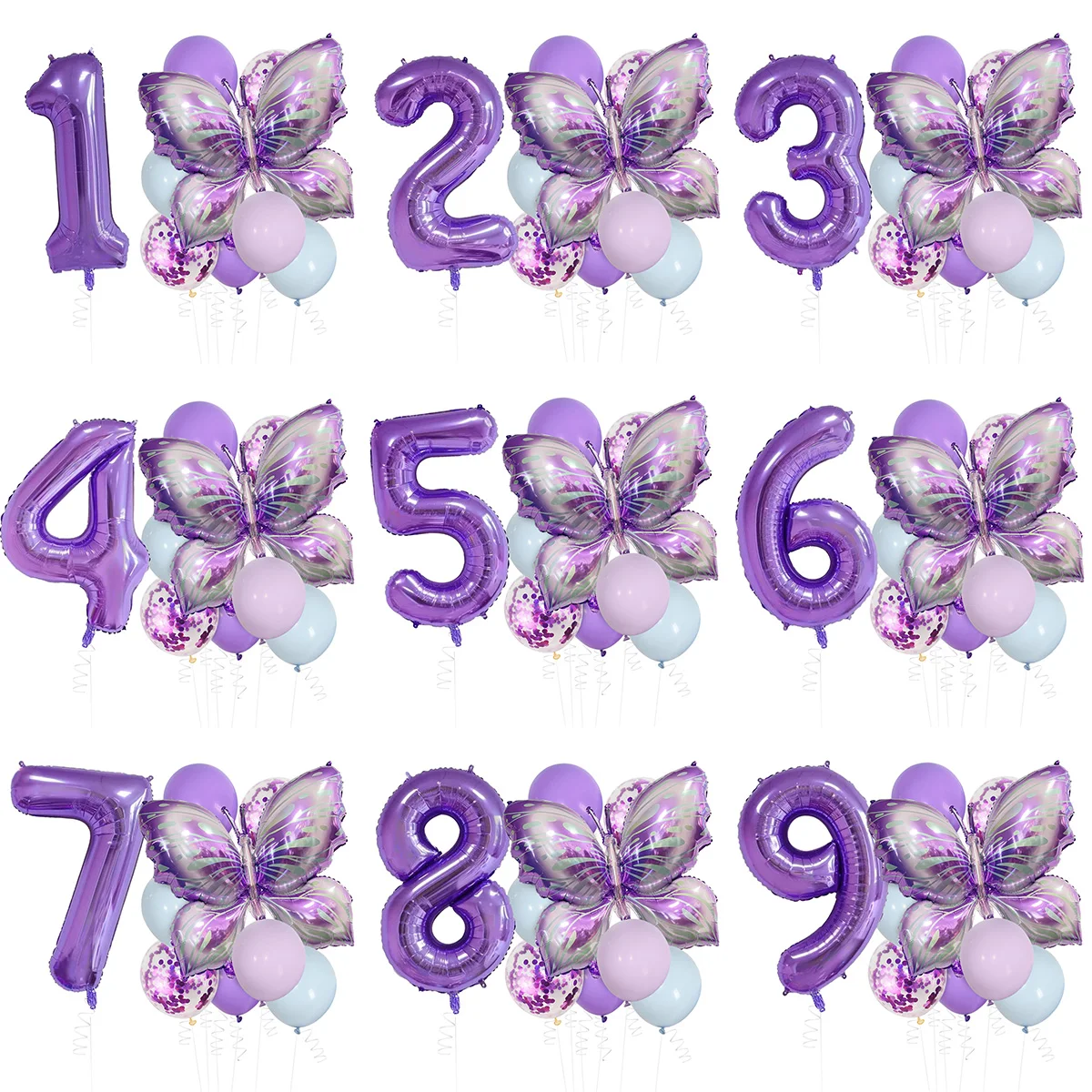 11-teiliges digitales 32-Zoll-Ballon-Set mit lila Schmetterlingen (0-9), geeignet für Babyparty, Geburtstagsfeier, Hochzeitsdekoration Image