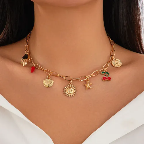 IngeSight.Z Vintage Gold Color Starfish Sun Pendant Choker Necklace Woman Punk Creative Metal Clavicle Chain Ladies Jewelry