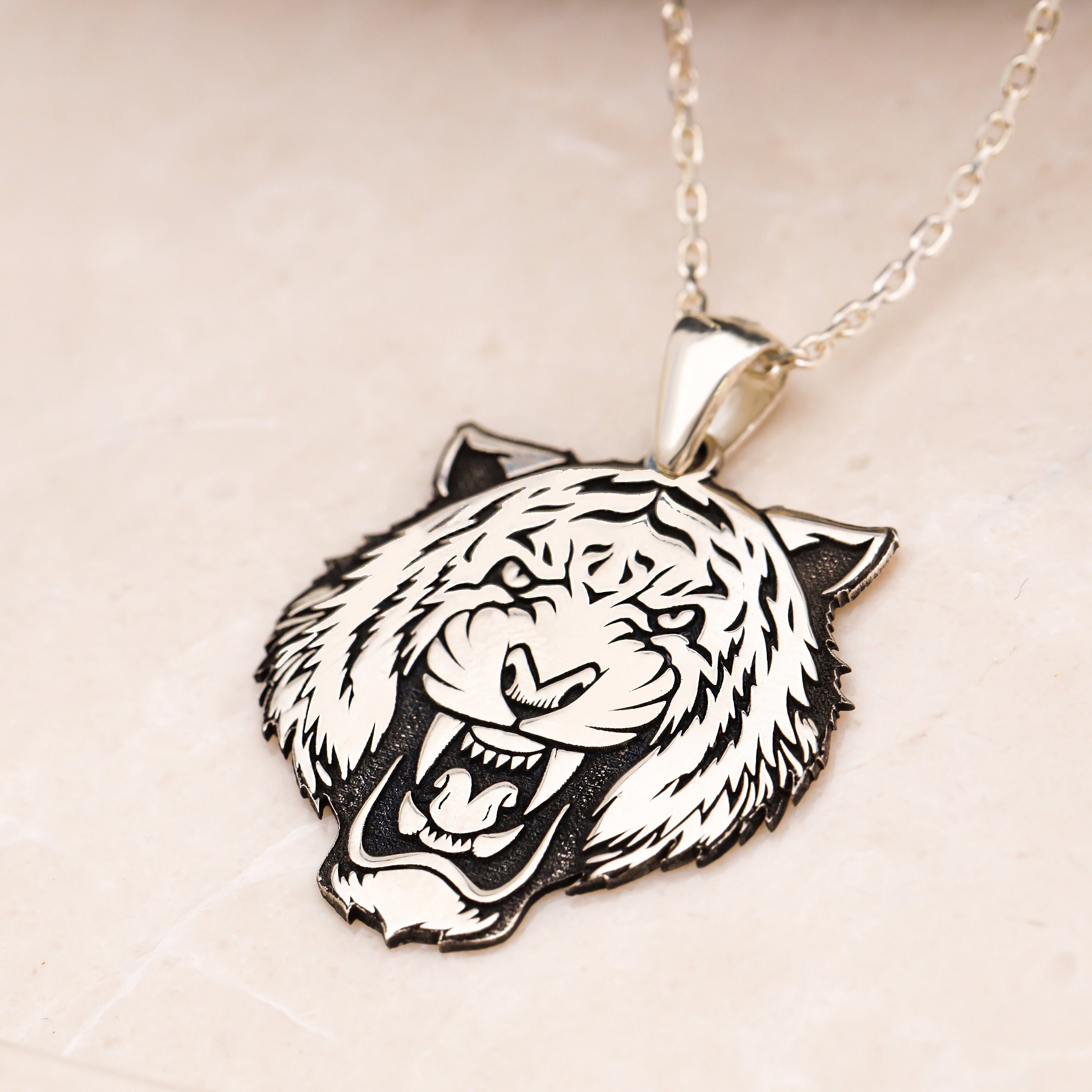 Collana con tigre, ciondolo a forma di testa di tigre in argento sterling 925, collana con tigre selvatica, gioiello delicato con animale, regalo di c
