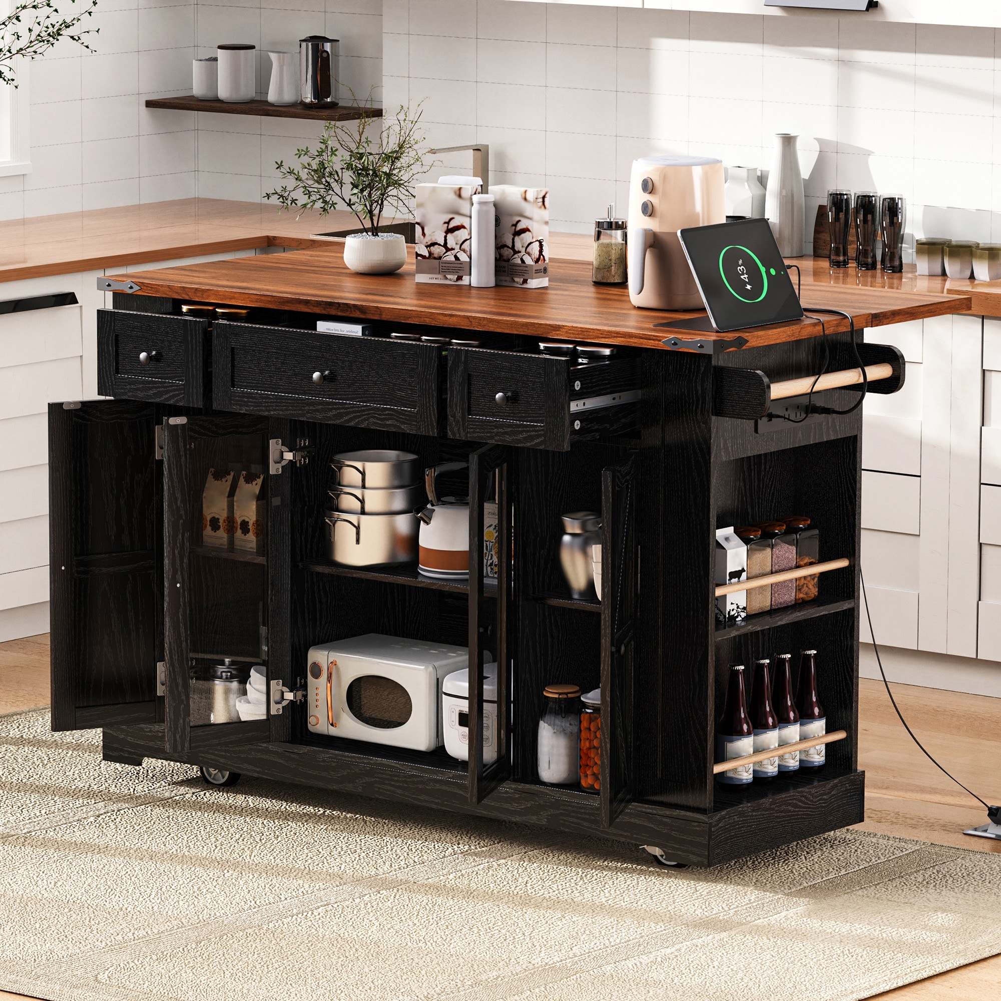 53" Kitchen Island With Drop Leaf, Kitchen Island On Wheels with Open Side Rack & Drawers,Mobile Rolling Kitchen Cart