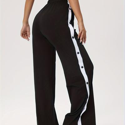 TEMU High Waist Button Side Track Pants, Polyester Spandex , Sports Style, High Stretch Knit Fabric, Solid Color, Loose Fit, Long Length Yoga Pants For Fitness Running - Suitable Image