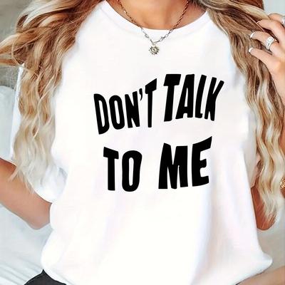 "TEMU Women's Fashion Casual Round Neck Short Sleeve T-shirt, "don't " Letter Print, Comfortable Summer Top, Stretch Knit Fabric, Polyester, All" Image