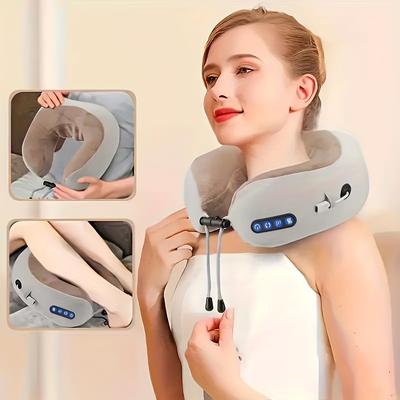 TEMU Usb Rechargeable Electric U-shaped Massage Pillow For Neck Support - Ideal For Travel, Office & Home Relaxation