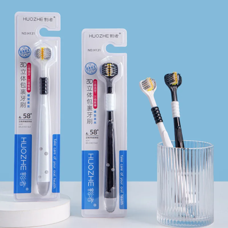2er-Pack 3-seitige Zahnbürste für umfassende Reinigung, ideales Winkeldesign, erhöhte Zungenbeschichtungsbürste mit weichen Borsten für Damen/Herren Image