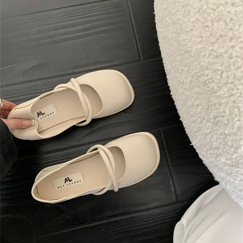 Schuhe für Damen im japanischen Stil, Lolita, Gothic, niedriger Absatz, elegante flache Schuhe, quadratische Zehenpartie, Damenschuhe, beige, flache Mary Jane im Angebot
