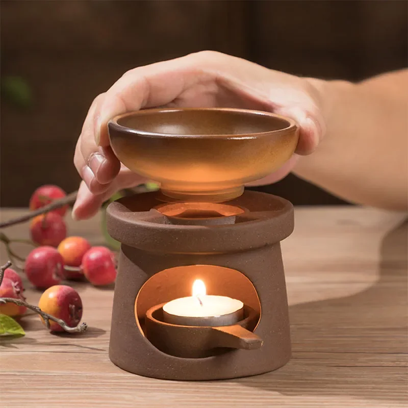 Keramik-Teewärmer-Set im japanischen Stil – Kerzenbeheizter Sandtopf-Aroma-Diffusor und Gongfu-Tee-Zubehör mit ätherischem Ölbrenner Image
