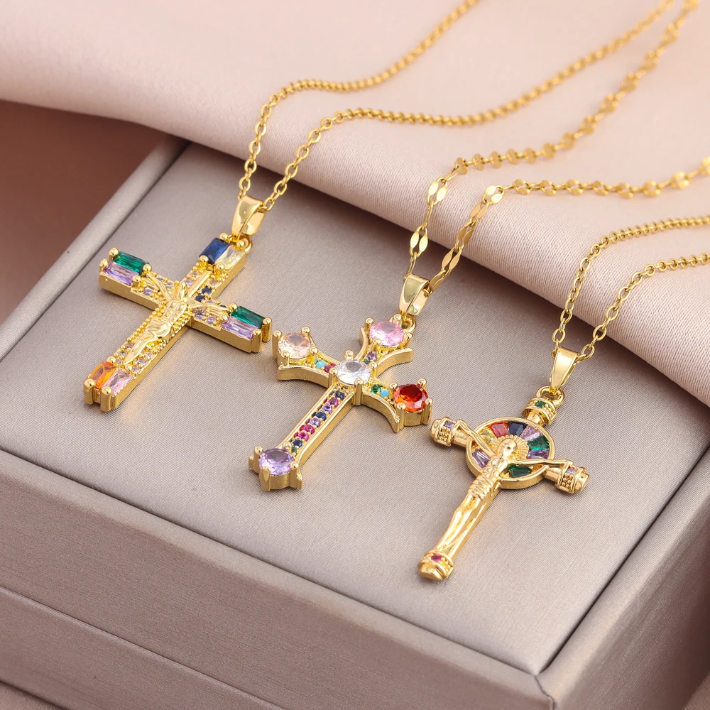 Neue 18K Gold Überzogene Retro Stil Bunte Zirkon Kristall Kreuz Anhänger Halsketten Für Frauen Vintage Punk Weibliche Hals Kette schmuck