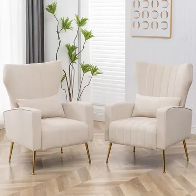 Modern Accent Chairs Set of 2, Comfy Wingback Armchair with Pillow Upholstered Sofa Chair Reading